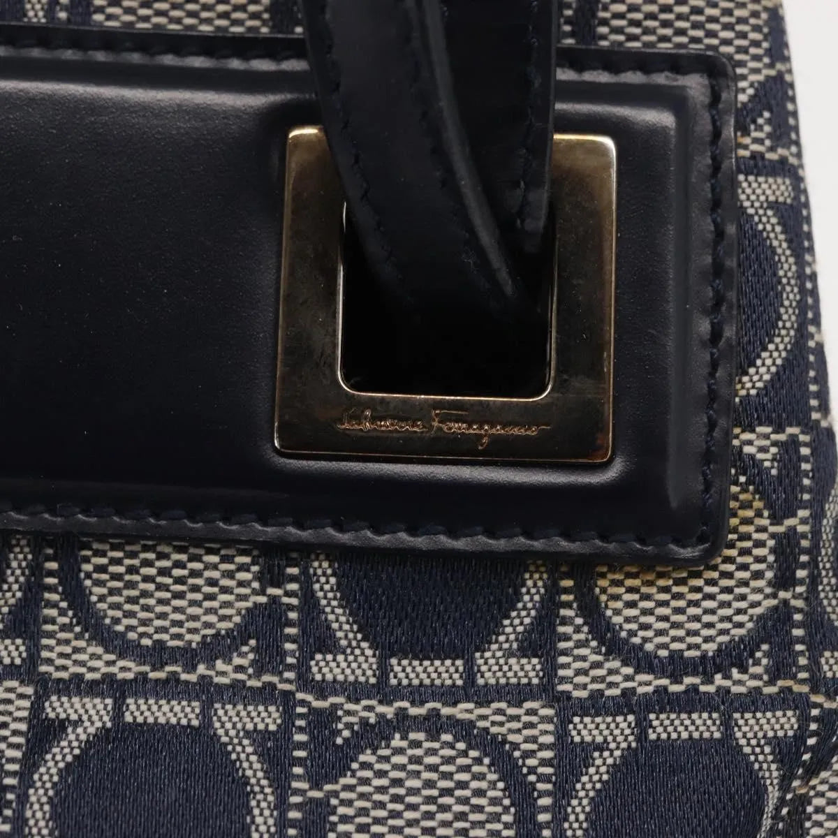 Salvatore Ferragamo Gancini Canvas And Leather Navy Canvas Shoulder Bag Bag (Pre-Owned)
