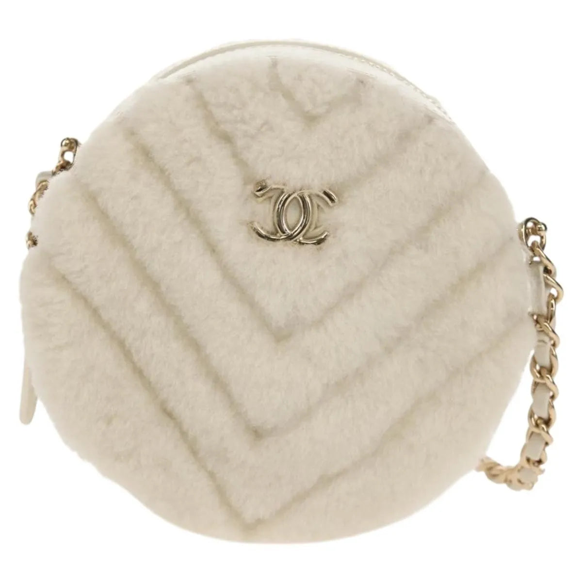 Chanel Round Clutch With Chain Chevron Shearling White Faux_Fur Clutche & Pouche Bag (Pre-Owned)