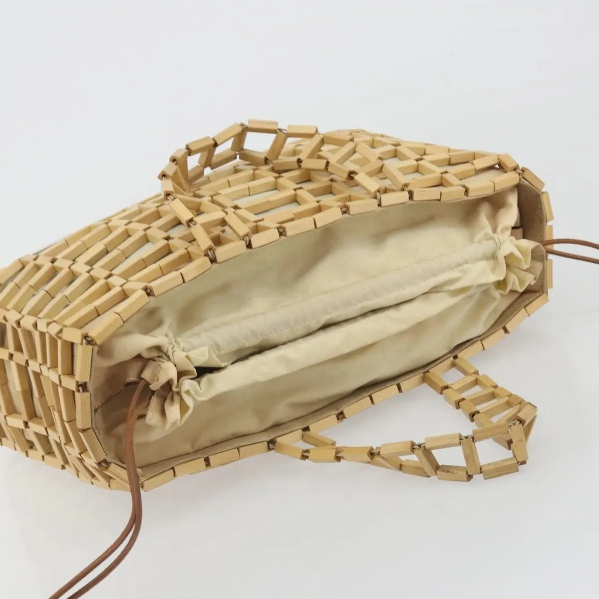 Salvatore Ferragamo Wood Mesh Drawstring Canvas Beige Canvas Handbag (Pre-Owned)