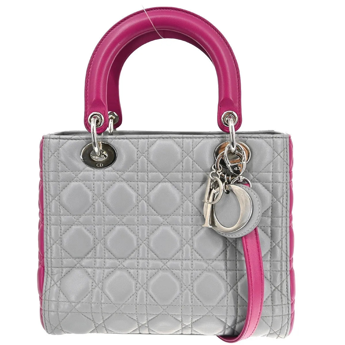 Christian Dior Lady Dior Cannage Quilt Lambskin Gray Leather Handbag (Pre-Owned)