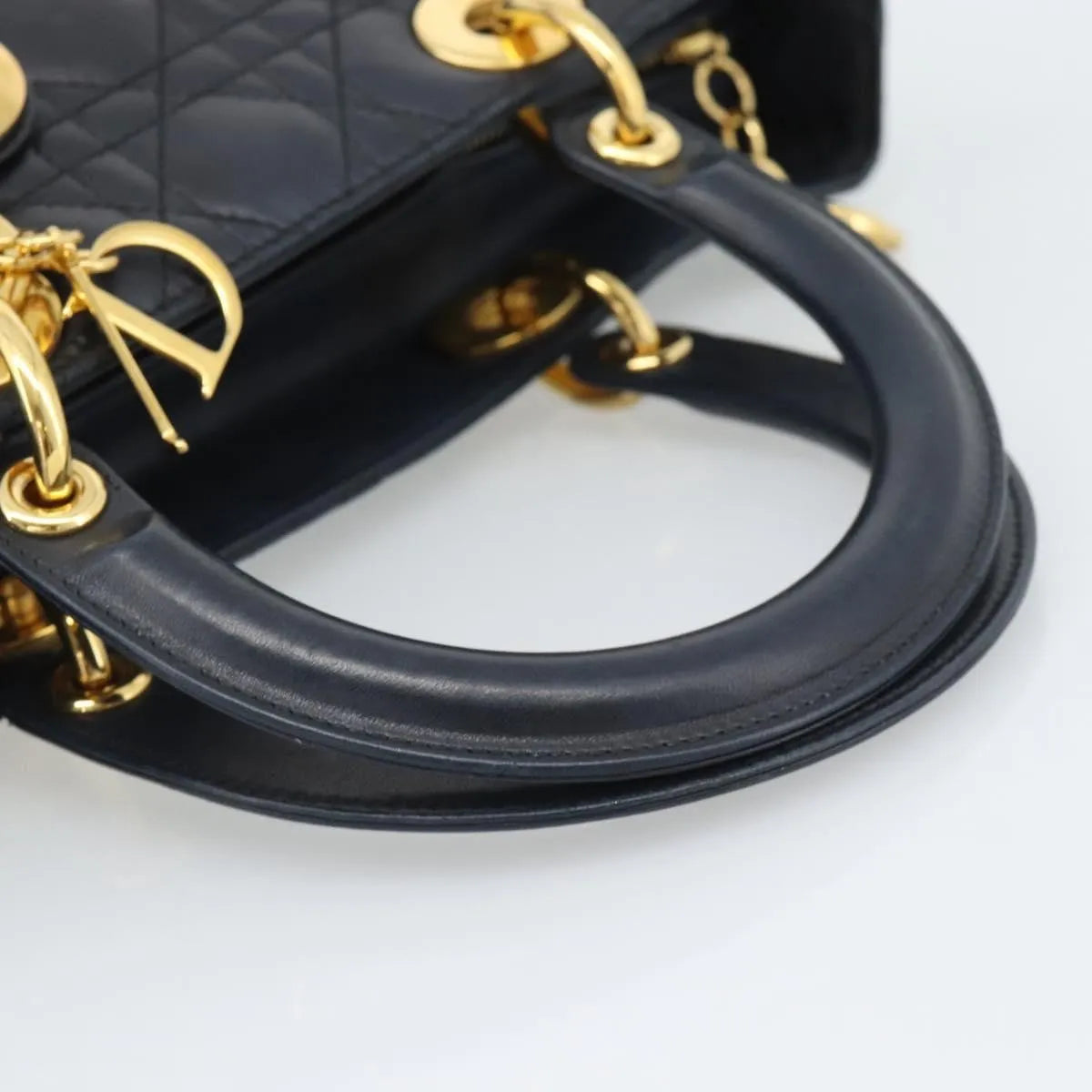 Christian Dior Lady Dior Cannage Quilt Lambskin Black Leather Handbag (Pre-Owned)