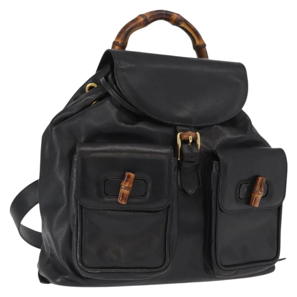 Gucci Vintage Bamboo Leather Black Leather Backpack Bag (Pre-Owned)