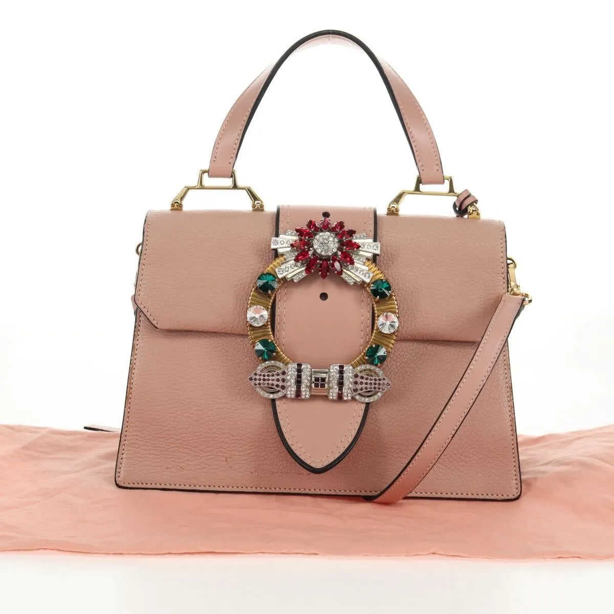 Miu Miu Madras Crystal Buckle Leather Pink Leather Shoulder Bag Bag (Pre-Owned)