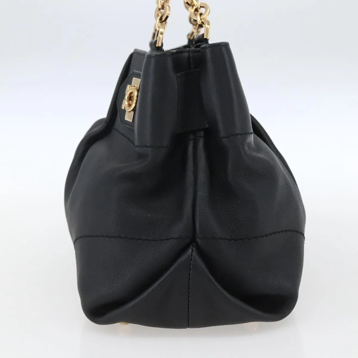 Salvatore Ferragamo W Chain Tote Leather Black Leather Handbag (Pre-Owned)