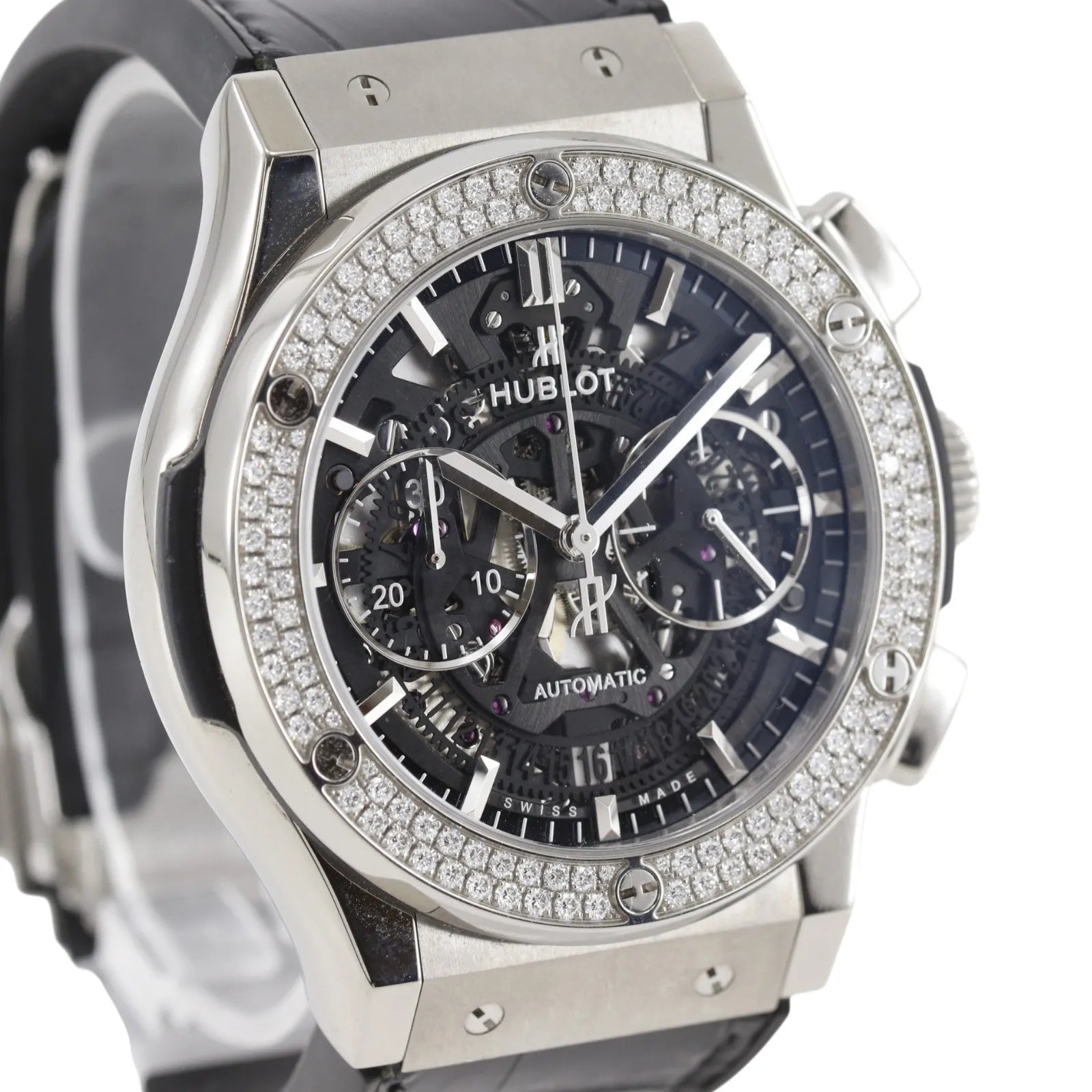 Hublot Classic Fusion Automatic Stainless Steel And Alligator With Rubber With Diamond Bezel Watch (Pre-Owned)