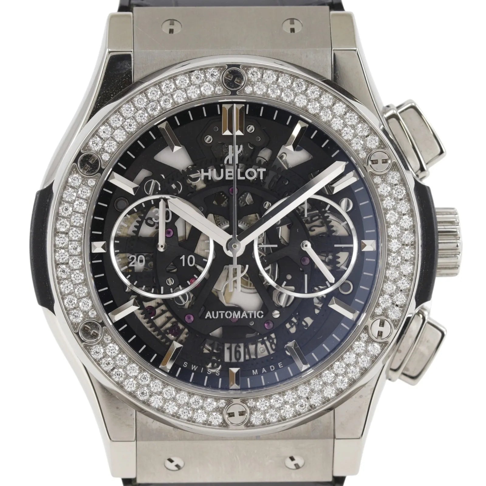 Hublot Classic Fusion Automatic Stainless Steel And Alligator With Rubber With Diamond Bezel Watch (Pre-Owned)