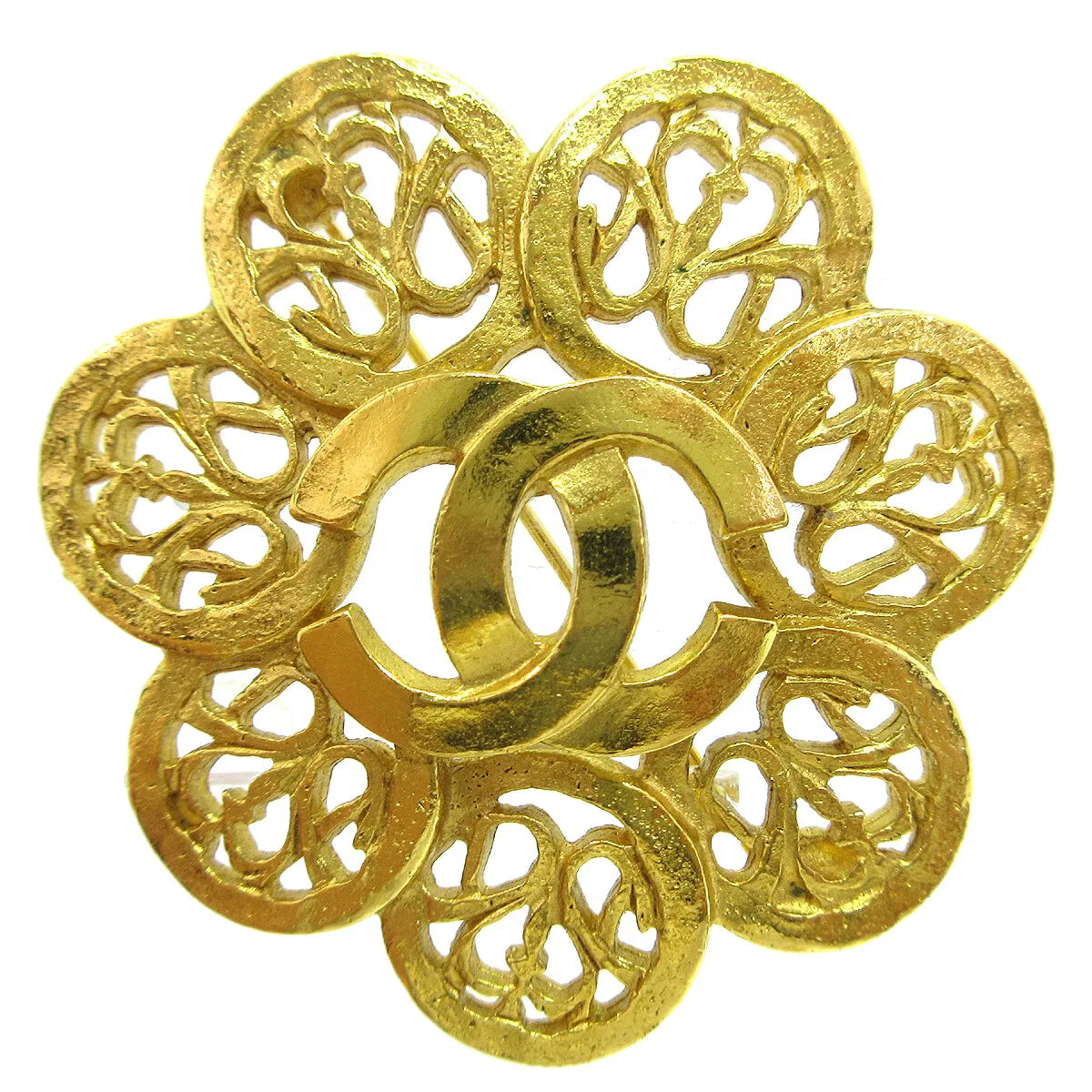 Chanel Vintage Cc Flower Textured Metal Gold Gold_Plated Brooch Jewelry (Pre-Owned)