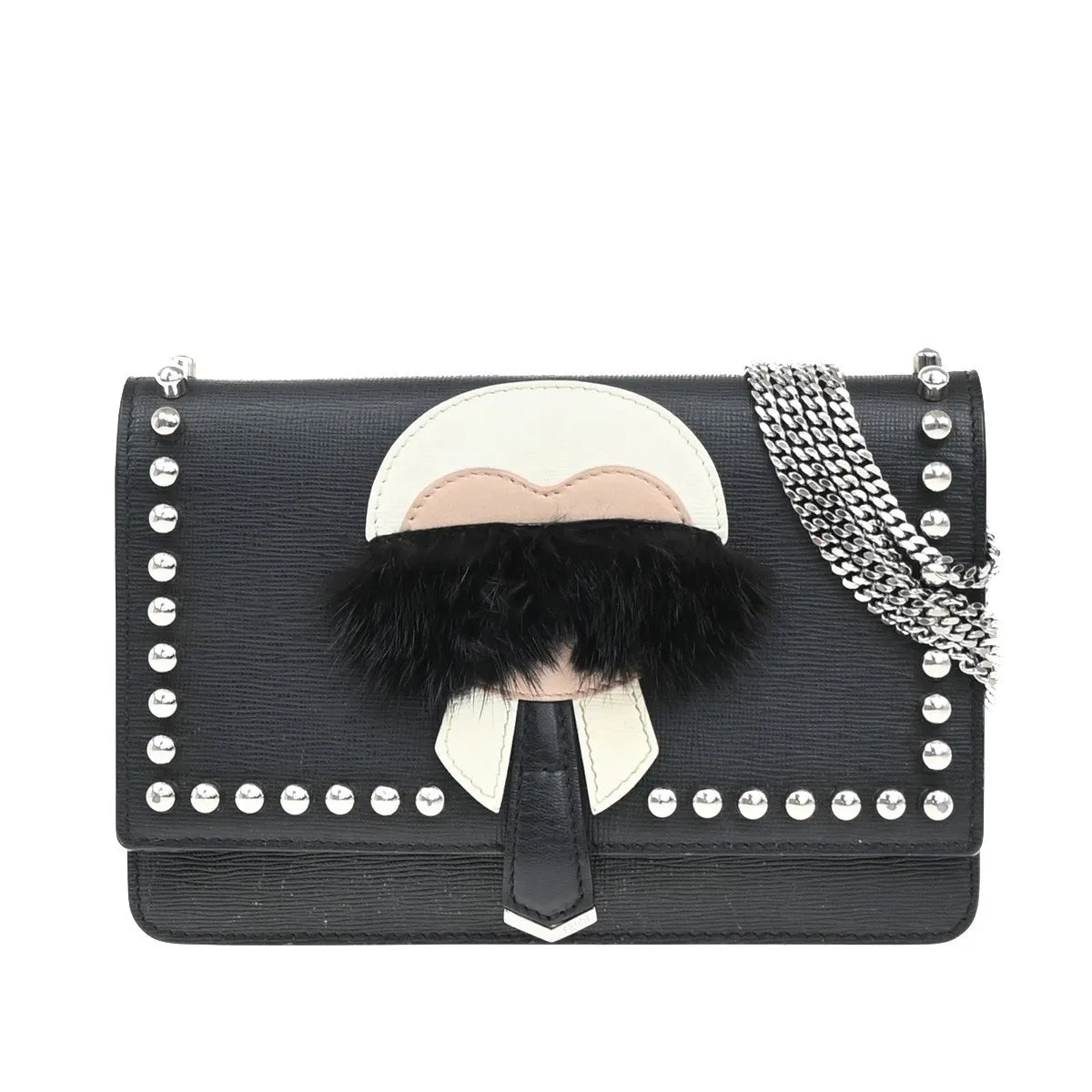 Fendi Karlito Wallet On Chain Studded Saffiano Leather Black Leather Shoulder Bag Bag (Pre-Owned)