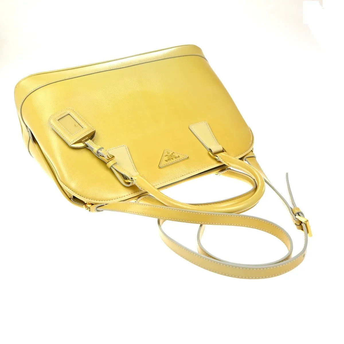 Prada Open Promenade Saffiano Leather Yellow Leather Handbag (Pre-Owned)