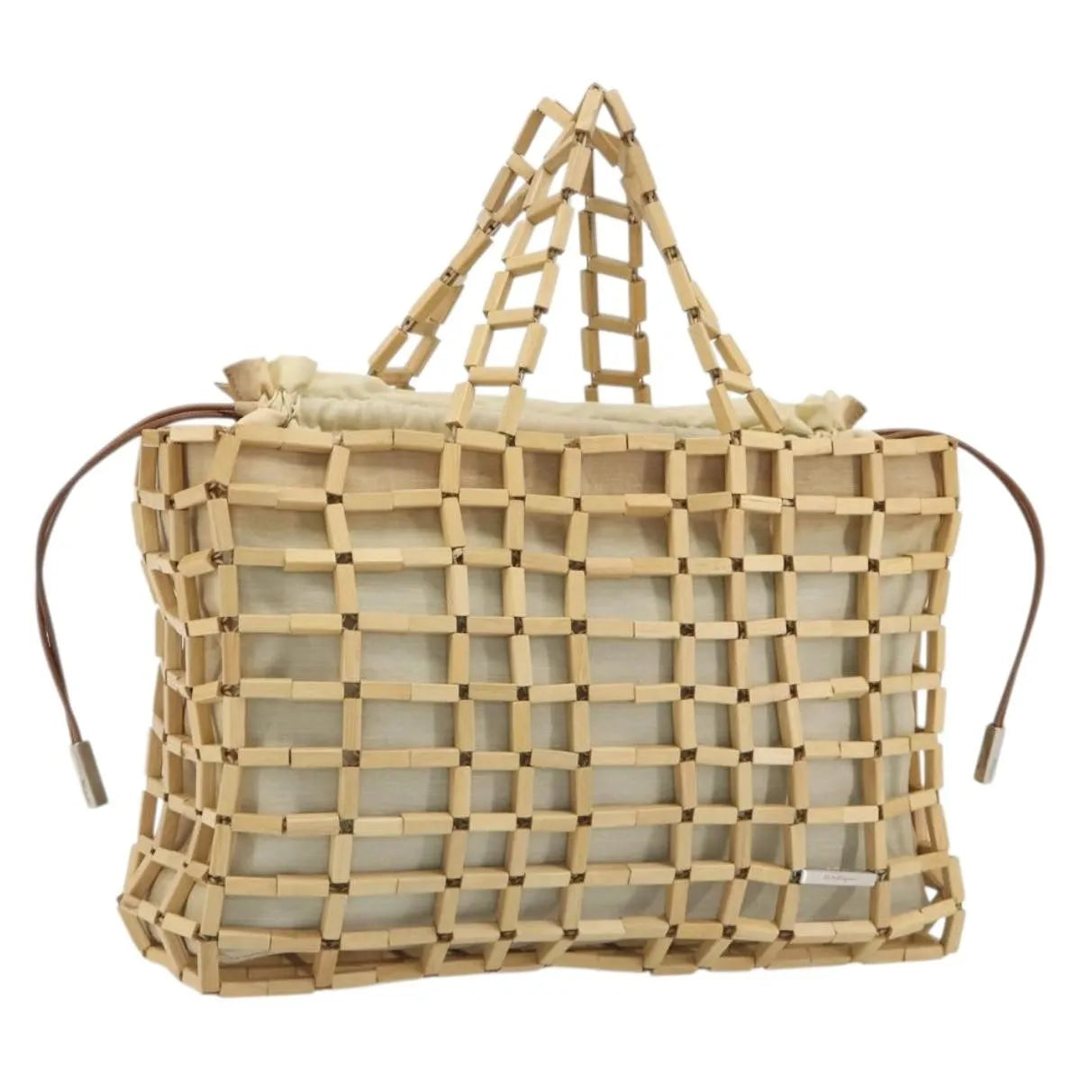 Salvatore Ferragamo Wood Mesh Drawstring Canvas Beige Canvas Handbag (Pre-Owned)