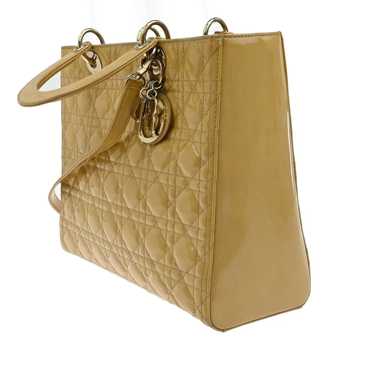 Christian Dior Lady Dior Cannage Quilt Patent Yellow Patent_Leather Handbag (Pre-Owned)