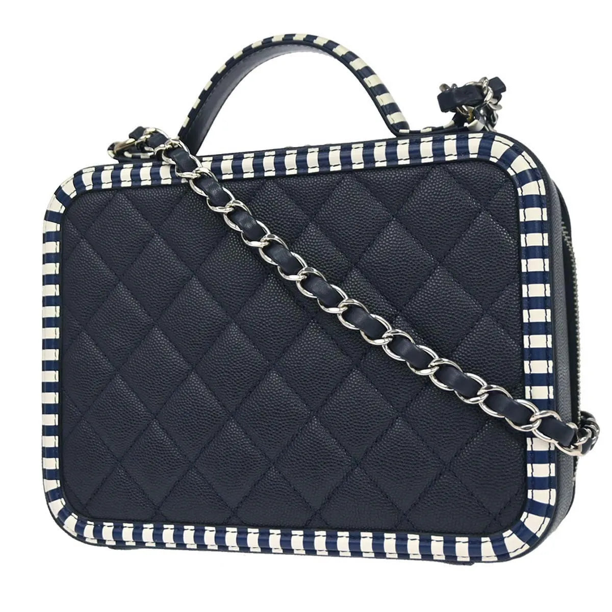 Chanel Filigree Vanity Case Quilted Caviar With Striped Leather Navy Leather Clutche & Pouche Bag (Pre-Owned)