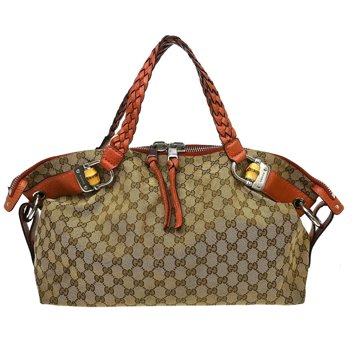 Gucci Bamboo Boston Horsebit Canvas With Leather Beige Canvas Handbag (Pre-Owned)