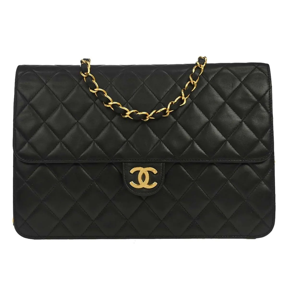 Chanel Vintage Classic Flap Quilted Lambskin Black Leather Shoulder Bag Bag (Pre-Owned)