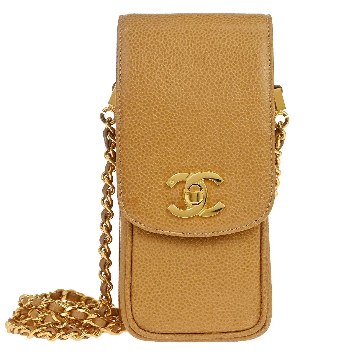 Chanel Vintage Cc Phone Holder Caviar Beige Leather Clutche & Pouche Bag (Pre-Owned)