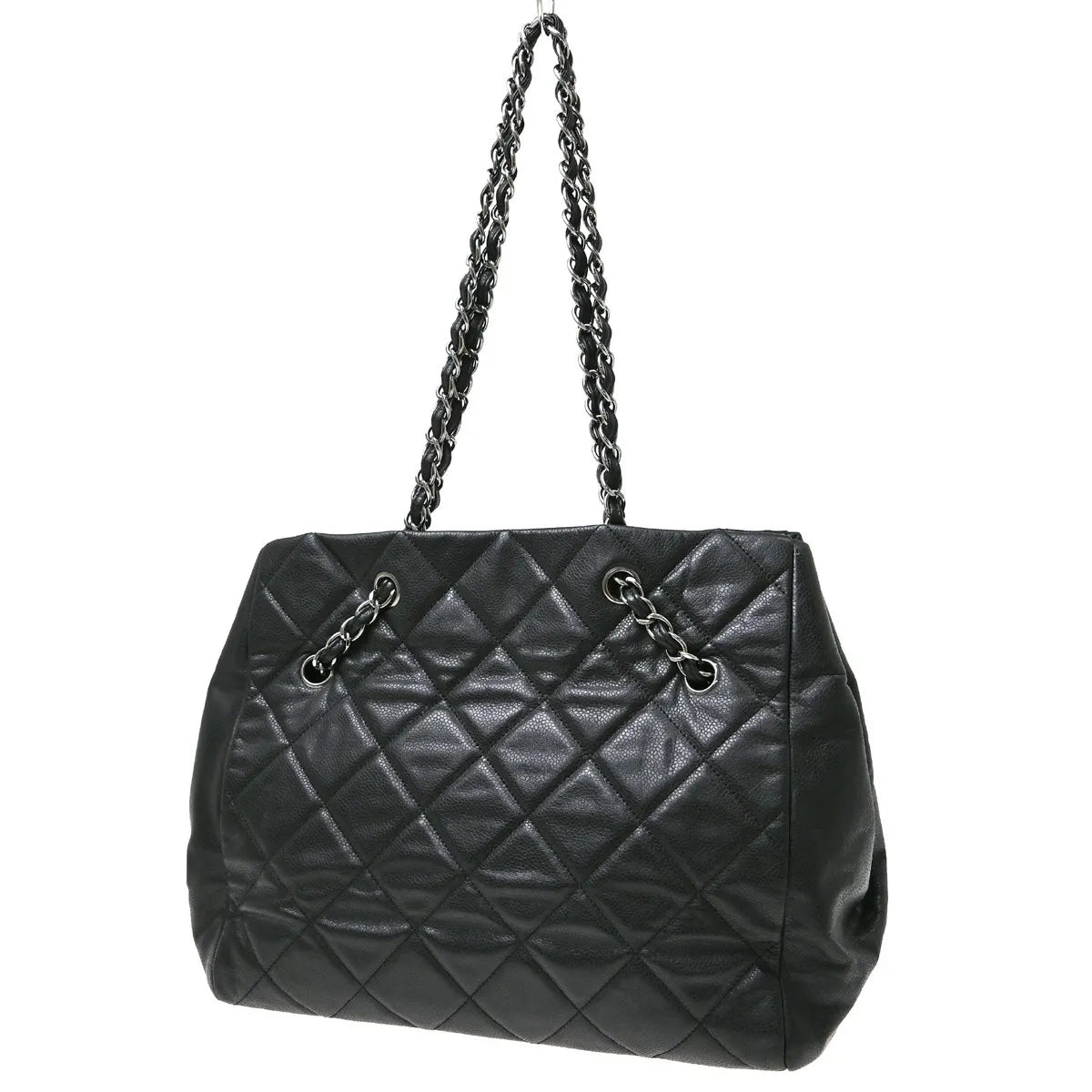 Chanel Cc Charm Chain Shopping Tote Caviar Skin Leather Black Leather Tote Bag Bag (Pre-Owned)