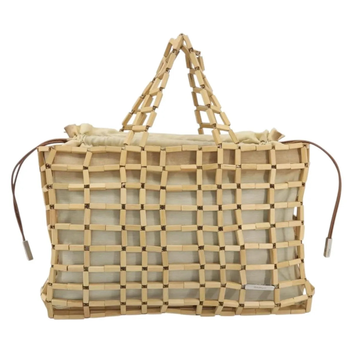 Salvatore Ferragamo Wood Mesh Drawstring Canvas Beige Canvas Handbag (Pre-Owned)