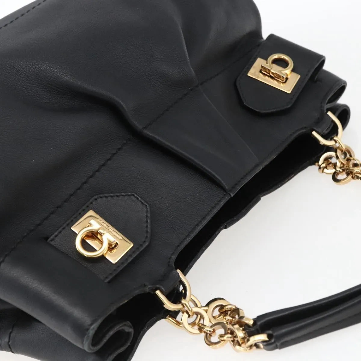 Salvatore Ferragamo W Chain Tote Leather Black Leather Handbag (Pre-Owned)