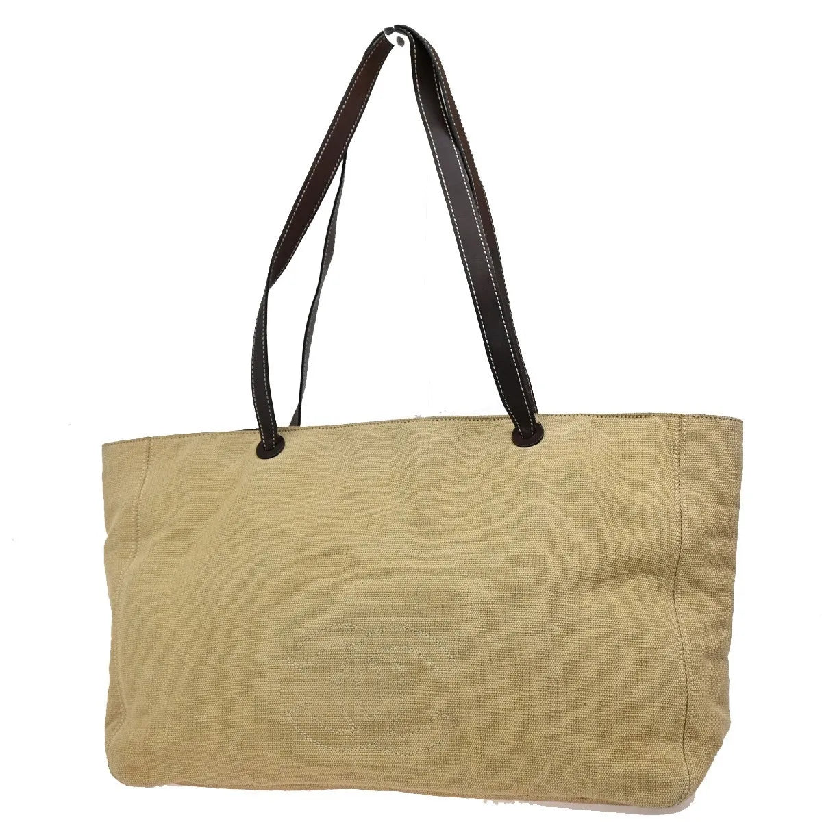 Chanel Vintage Cc Tote Canvas With Leather Beige Canvas Tote Bag Bag (Pre-Owned)