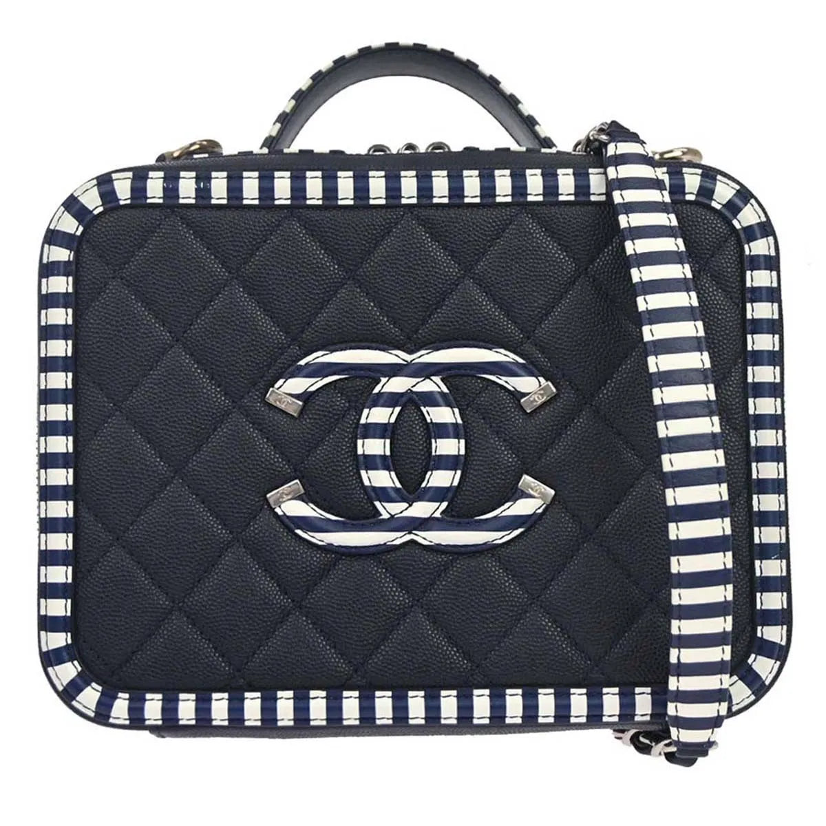 Chanel Filigree Vanity Case Quilted Caviar With Striped Leather Navy Leather Clutche & Pouche Bag (Pre-Owned)