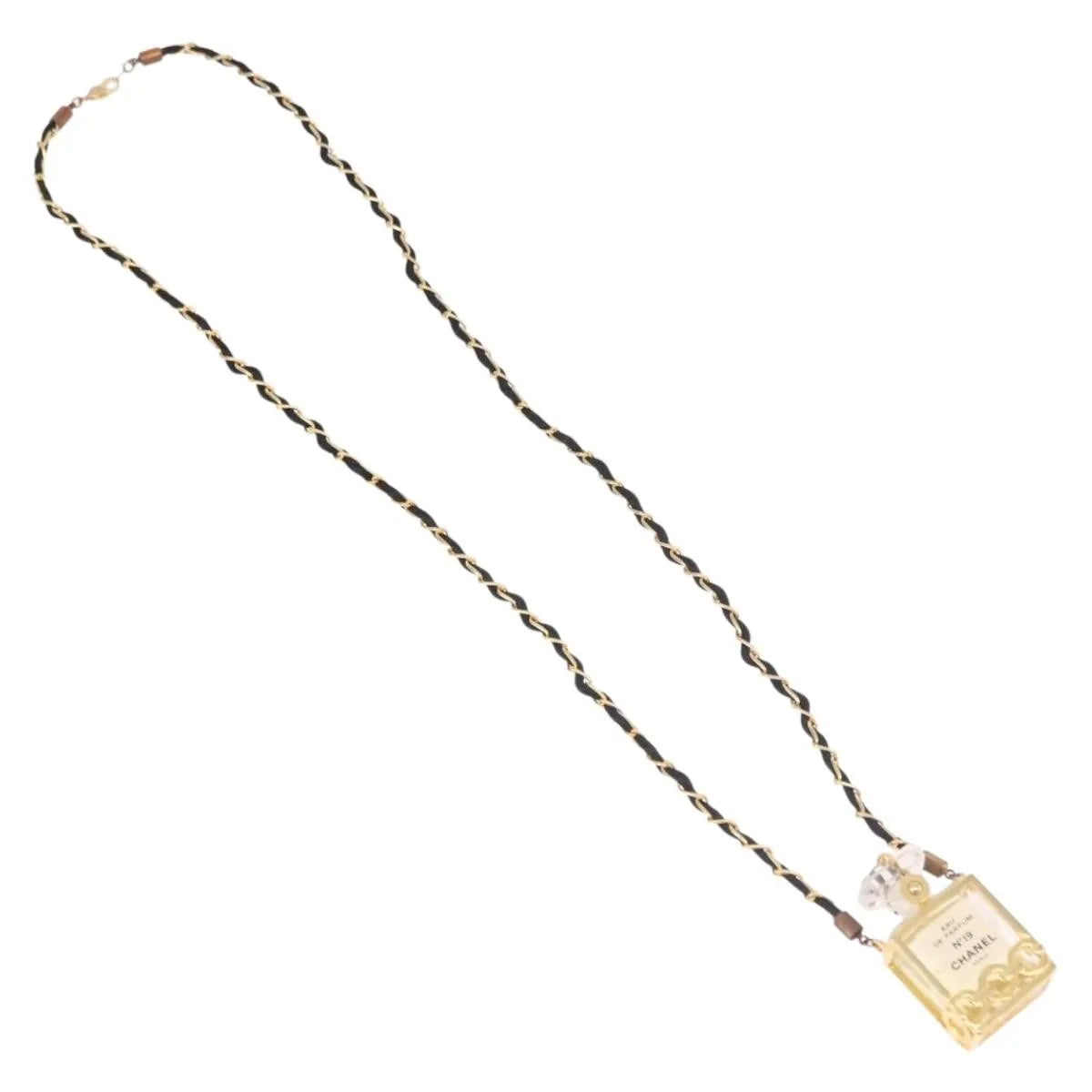 Chanel Cc Perfume Bottle Pendant Chain Long Metal With Leather, Crystals And Faux Pearl Gold Metal Necklace Jewelry (Pre-Owned)