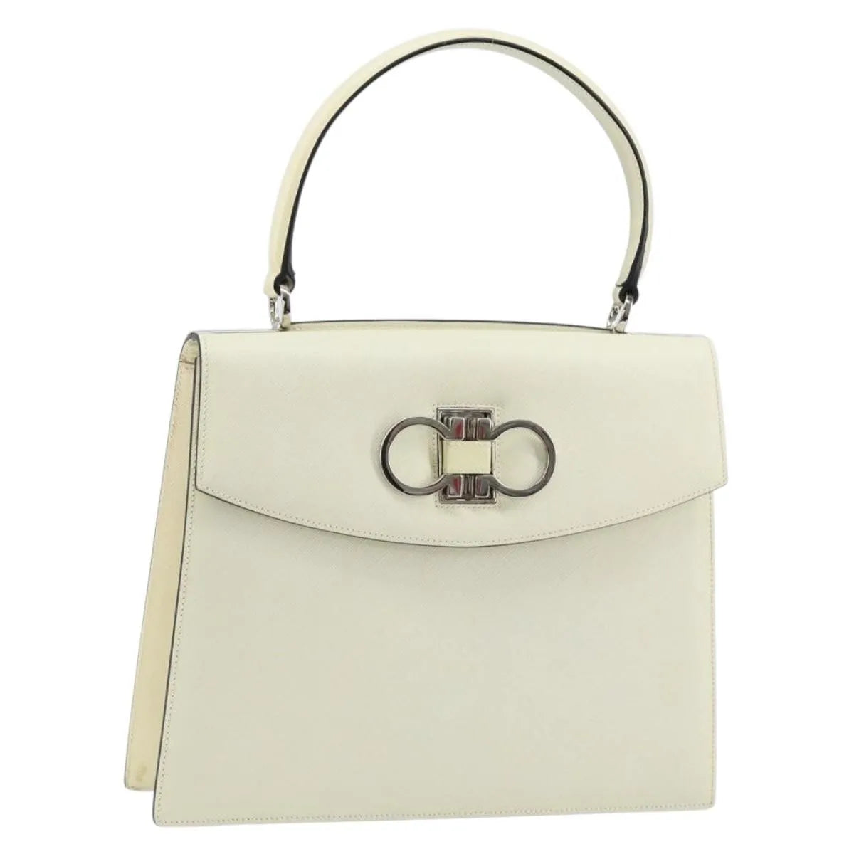 Salvatore Ferragamo Double Gancini Top Handle Saffiano Leather White Leather Handbag (Pre-Owned)