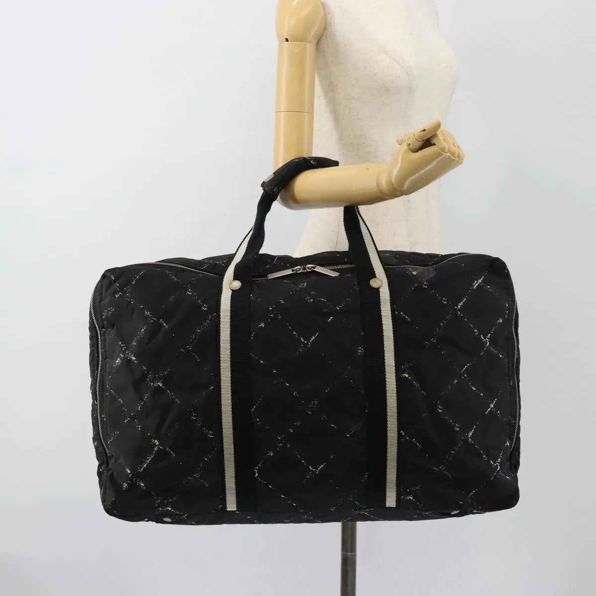 Chanel Travel Line Boston Printed Nylon Black Nylon Handbag (Pre-Owned)