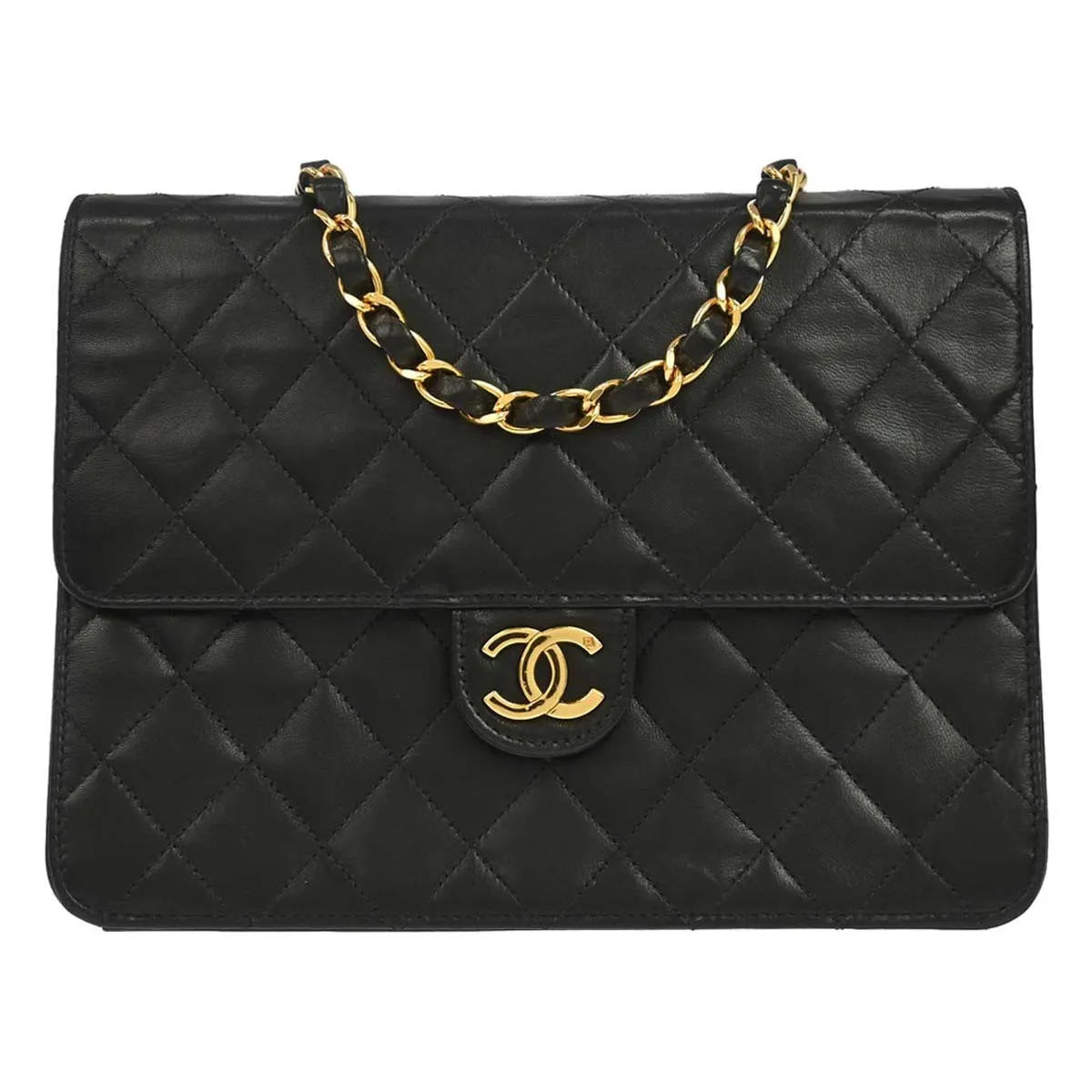 Chanel Vintage Classic Flap Quilted Lambskin Black Leather Shoulder Bag Bag (Pre-Owned)