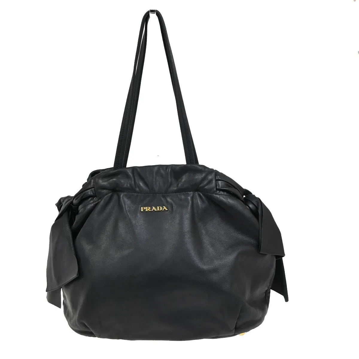 Prada Bow Tie Pleated Tote Leather Black Leather Shoulder Bag Bag (Pre-Owned)