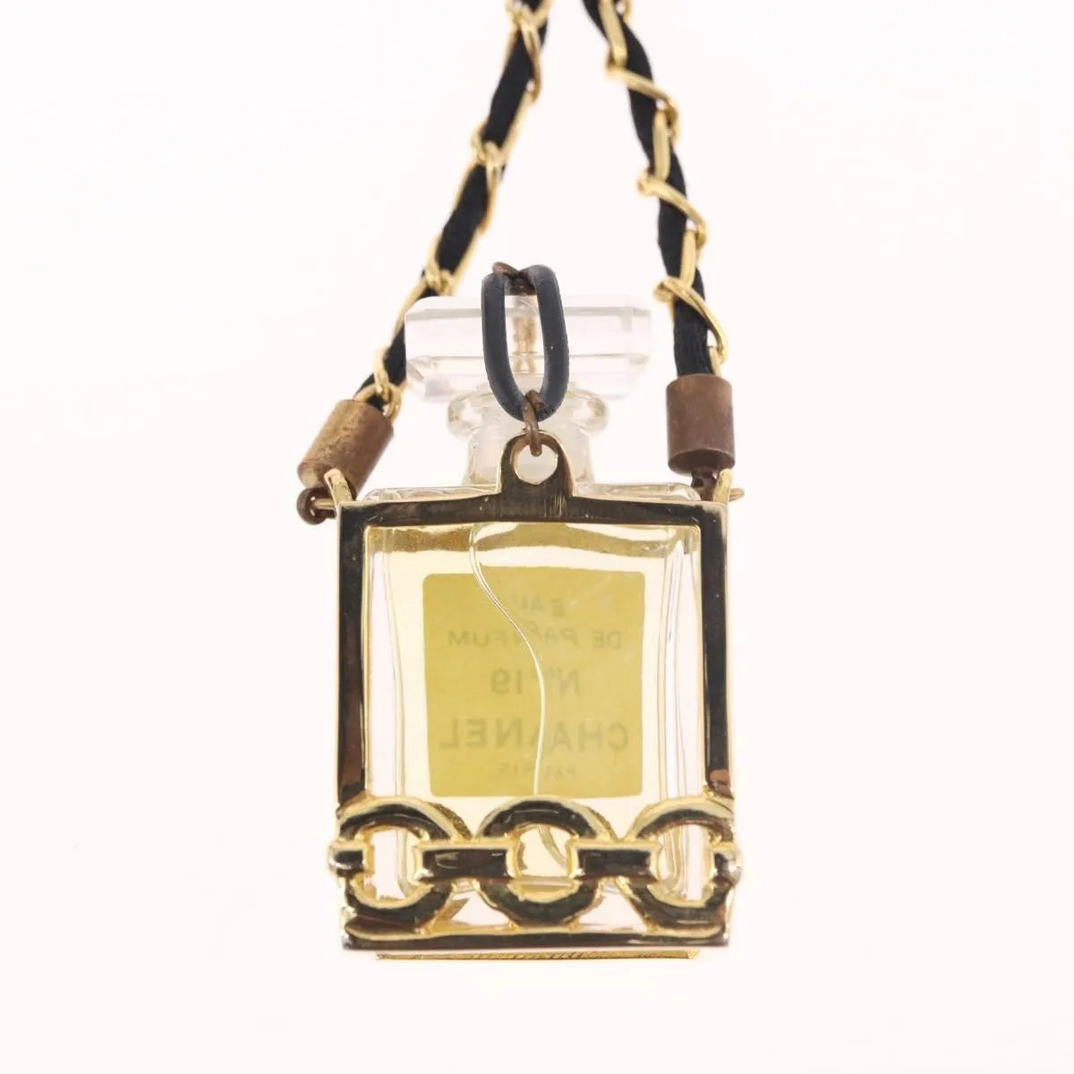 Chanel Cc Perfume Bottle Pendant Chain Long Metal With Leather, Crystals And Faux Pearl Gold Metal Necklace Jewelry (Pre-Owned)