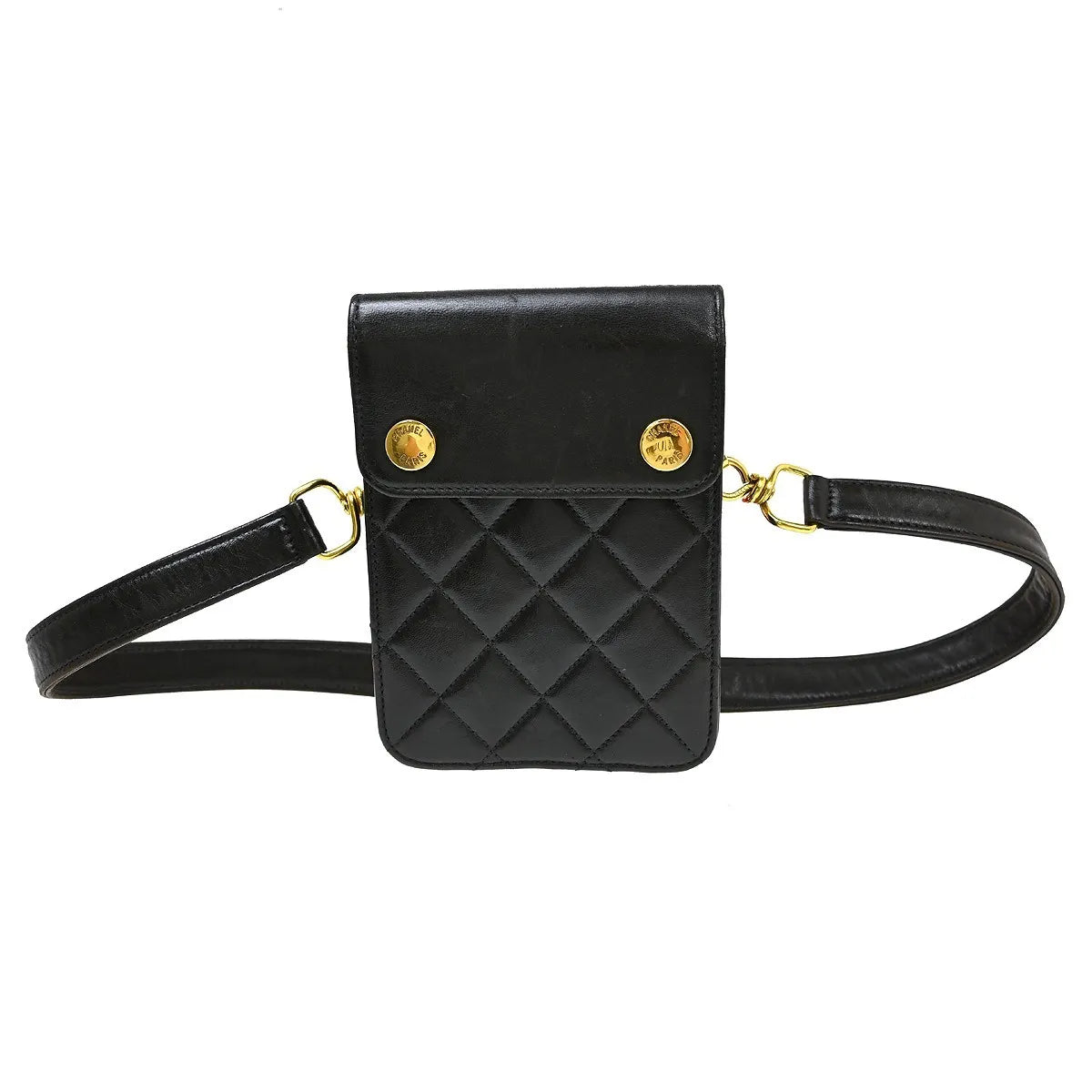Chanel Vintage Button Waist Bag Quilted Lambskin Black Leather Shoulder Bag Bag (Pre-Owned)