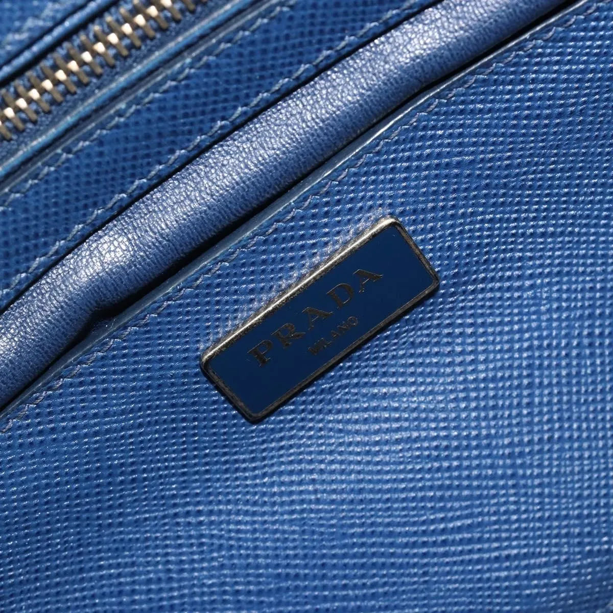 Prada Cuir Frame Double Zip Tote Saffiano Leather Blue Leather Tote Bag Bag (Pre-Owned)