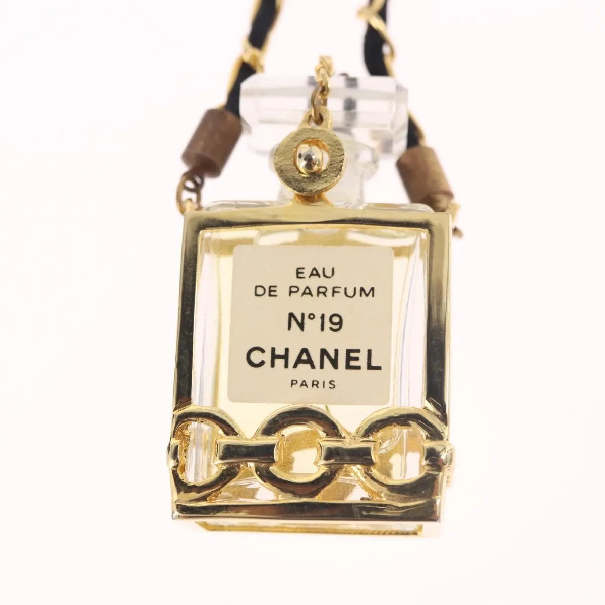 Chanel Cc Perfume Bottle Pendant Chain Long Metal With Leather, Crystals And Faux Pearl Gold Metal Necklace Jewelry (Pre-Owned)