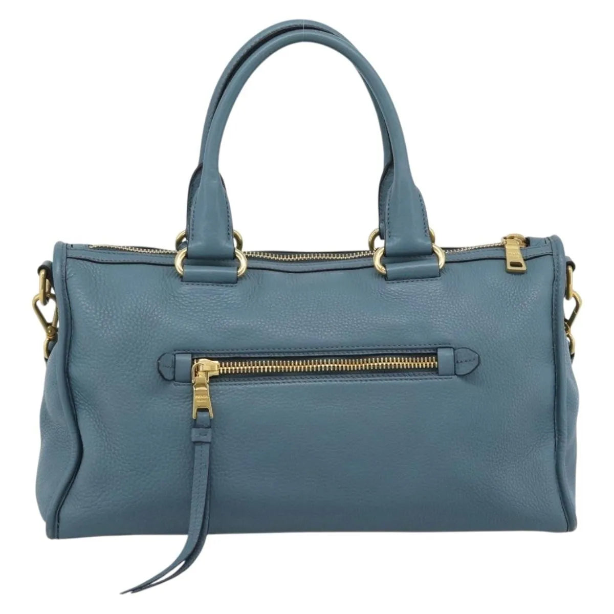 Prada Front Zip Convertible Satchel Vitello Phenix Blue Leather Handbag (Pre-Owned)