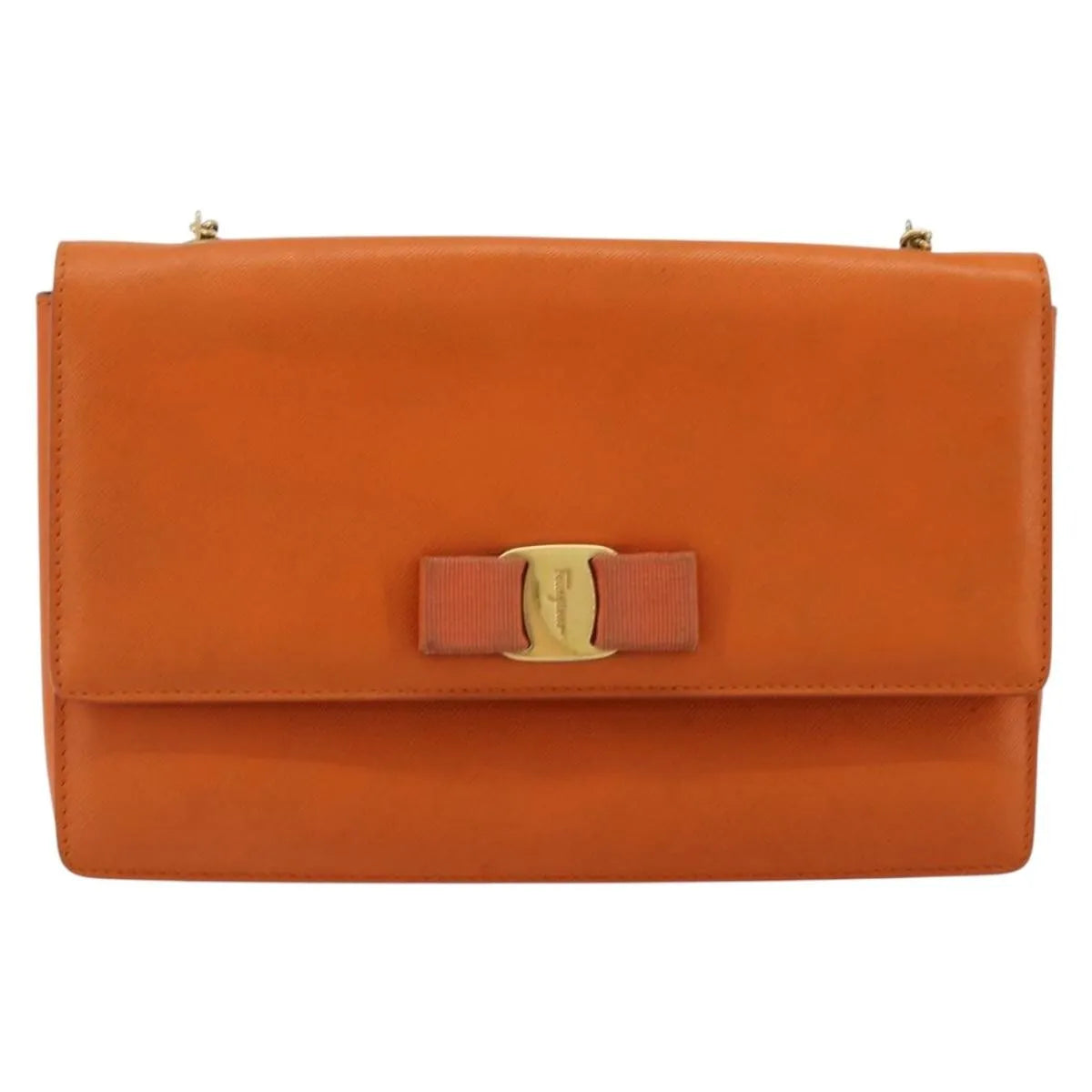 Salvatore Ferragamo Vara Bow Chain Clutch Leather Orange Leather Shoulder Bag Bag (Pre-Owned)