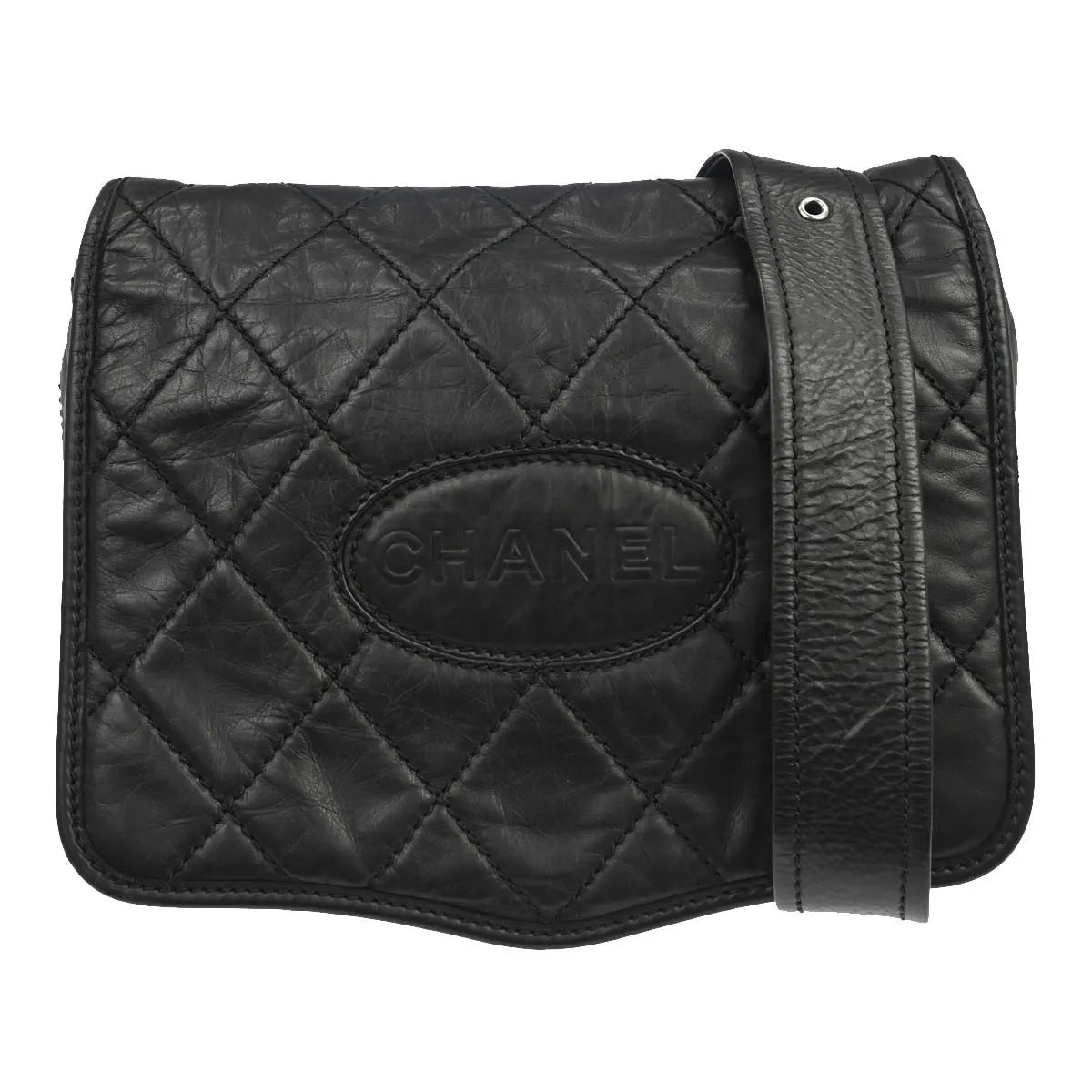 Chanel Vintage Logo Messenger Quilted Aged Calfskin Black Leather Shoulder Bag Bag (Pre-Owned)
