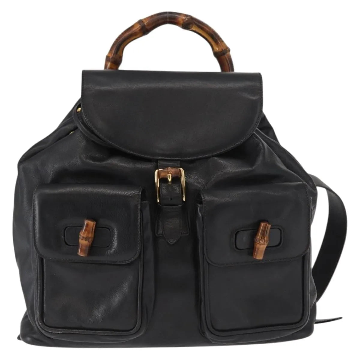 Gucci Vintage Bamboo Leather Black Leather Backpack Bag (Pre-Owned)