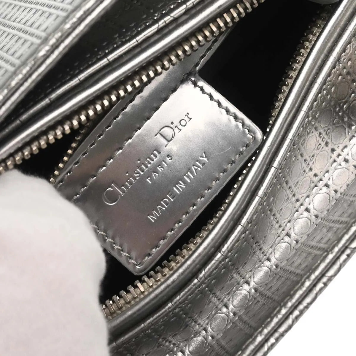 Christian Dior Lady Dior Micro Cannage Metallic Calfskin Silver Calfskin Handbag (Pre-Owned)