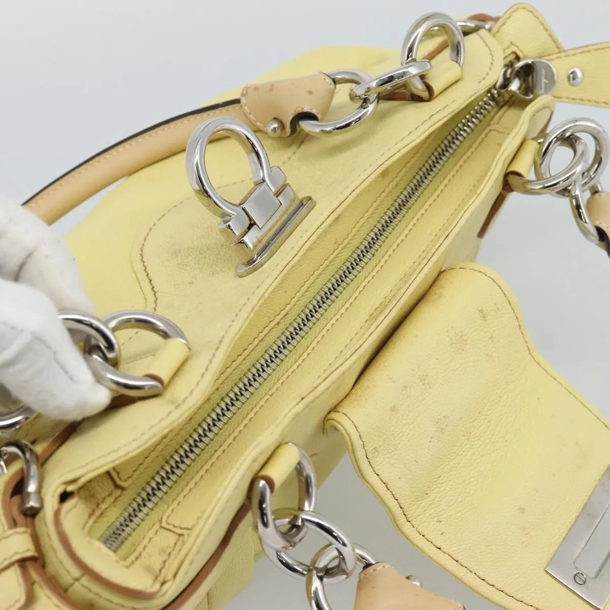 Salvatore Ferragamo Gancini Leather Yellow Leather Handbag (Pre-Owned)