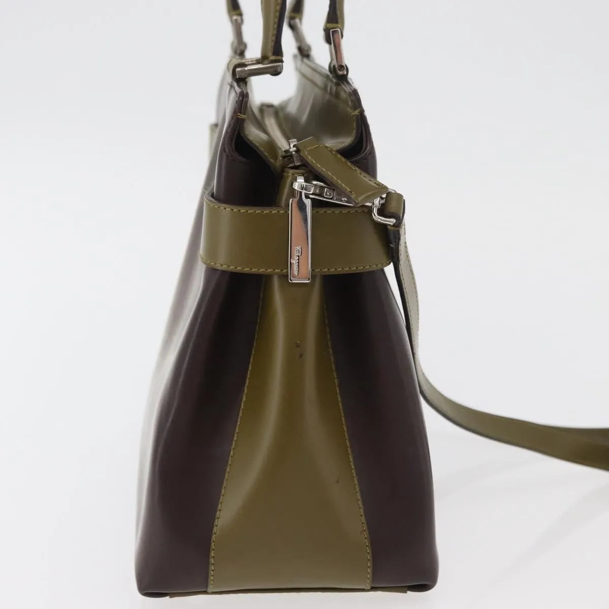 Salvatore Ferragamo Double Gancini Side Buckle Tote Patent Leather Brown Patent_Leather Handbag (Pre-Owned)