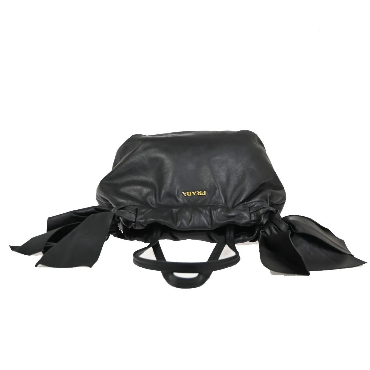 Prada Bow Tie Pleated Tote Leather Black Leather Shoulder Bag Bag (Pre-Owned)