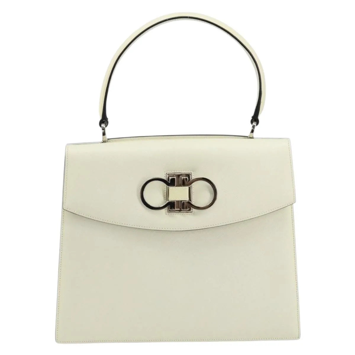 Salvatore Ferragamo Double Gancini Top Handle Saffiano Leather White Leather Handbag (Pre-Owned)
