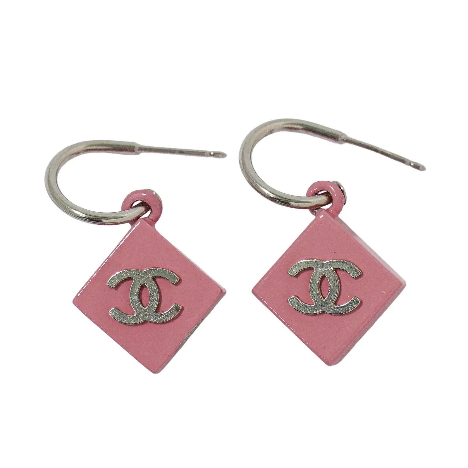 Chanel Vintage Cc Square Drop Metal With Enamel And Lace Silver Metal Earrings Jewelry (Pre-Owned)