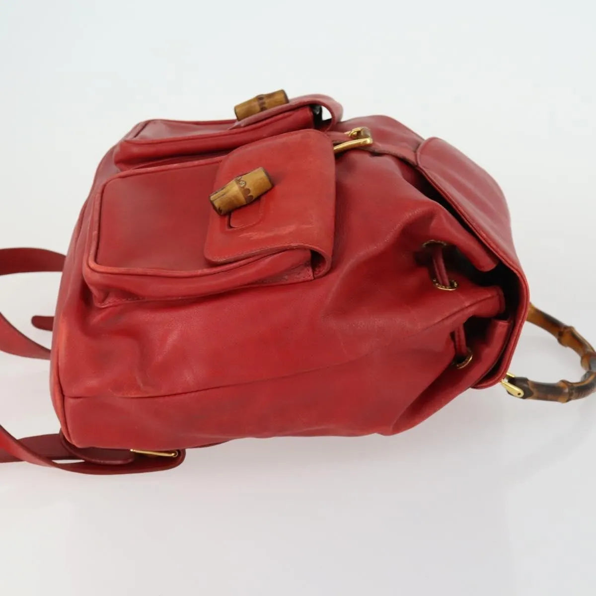 Gucci Vintage Bamboo Leather Red Leather Backpack Bag (Pre-Owned)