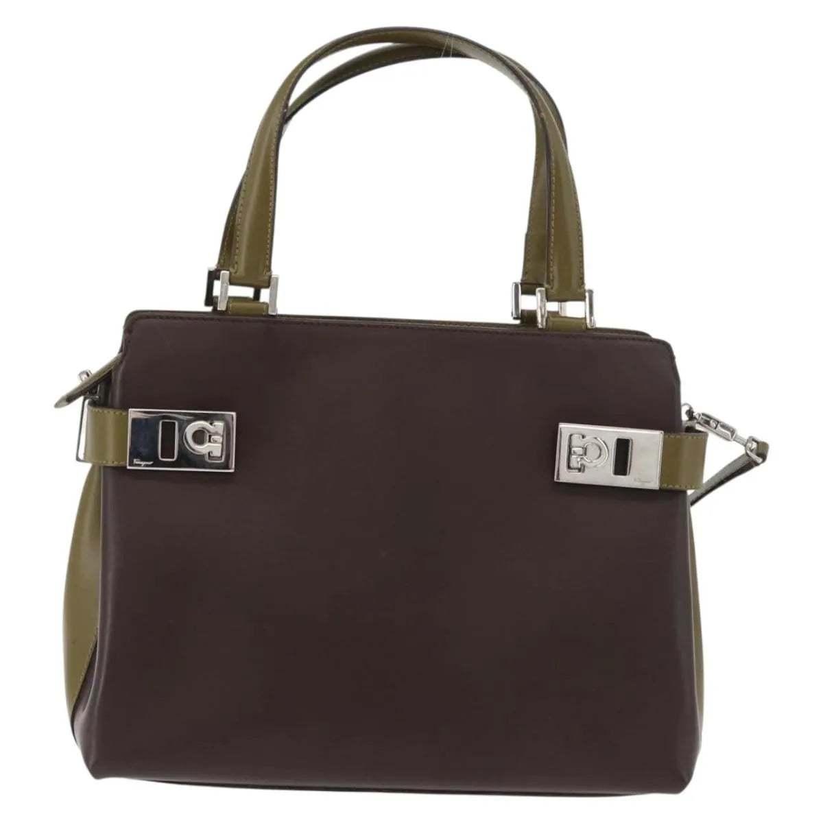 Salvatore Ferragamo Double Gancini Side Buckle Tote Patent Leather Brown Patent_Leather Handbag (Pre-Owned)
