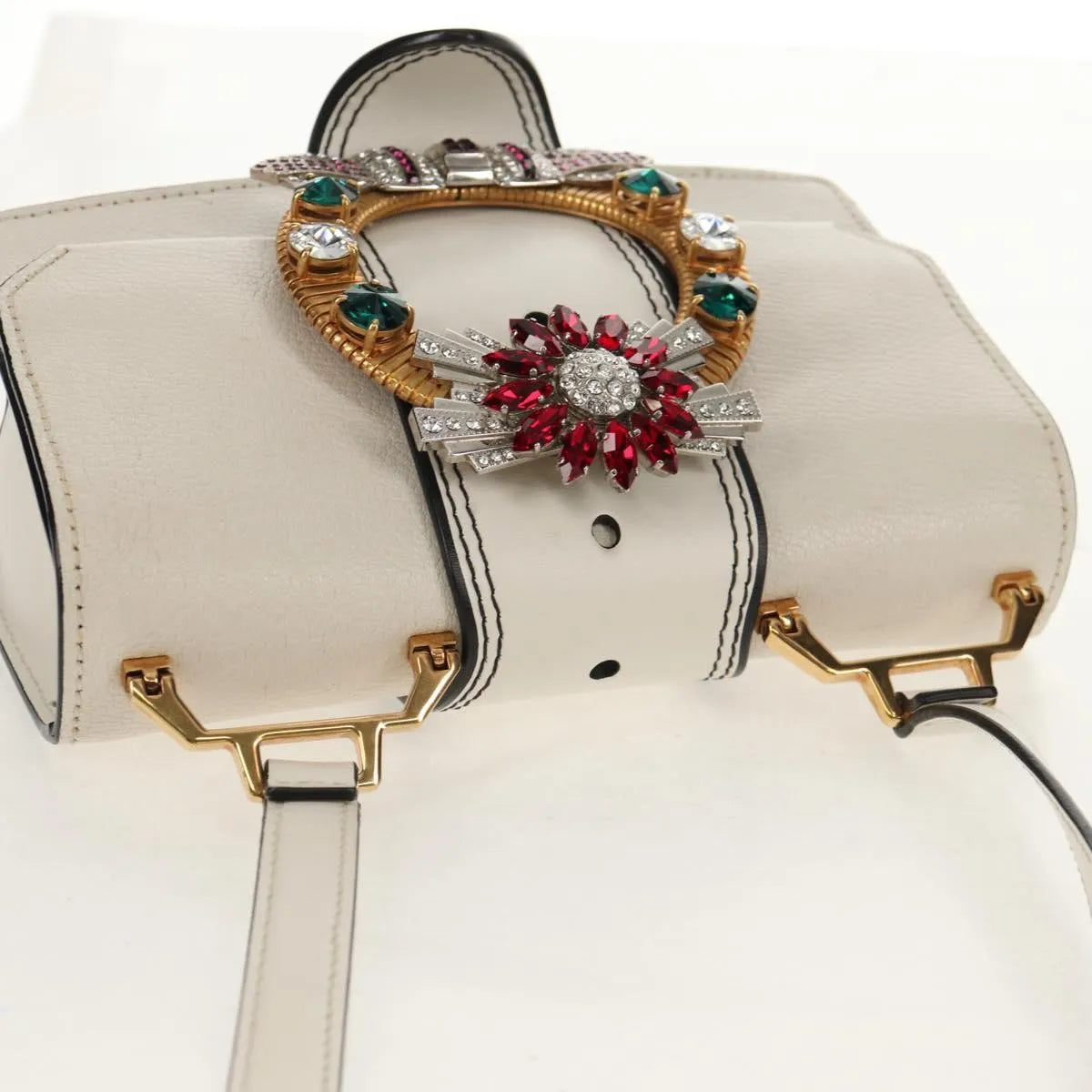 Miu Miu Madras Crystal Buckle Leather White Leather Shoulder Bag Bag (Pre-Owned)