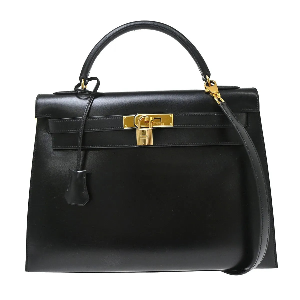 Hermes Kelly Black Box Calf With Gold Hardware Black Calfskin Handbag (Pre-Owned)
