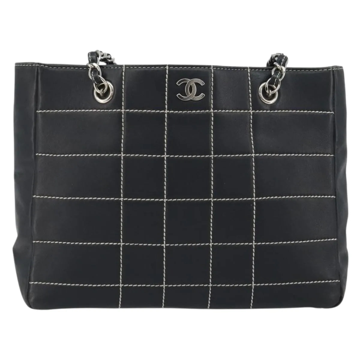 Chanel Vintage Chocolate Bar Tote Quilted Lambskin Navy Leather Tote Bag Bag (Pre-Owned)