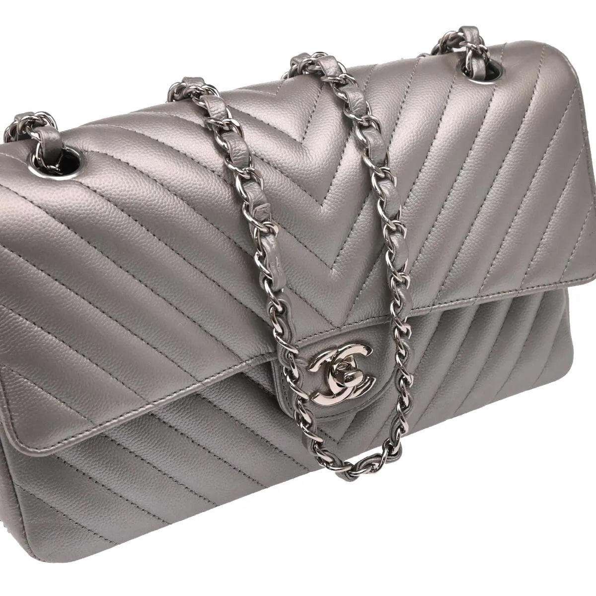 Chanel Timeless - Classic Double Flap Leather Silver Calfskin Shoulder Bag Bag (Pre-Owned)