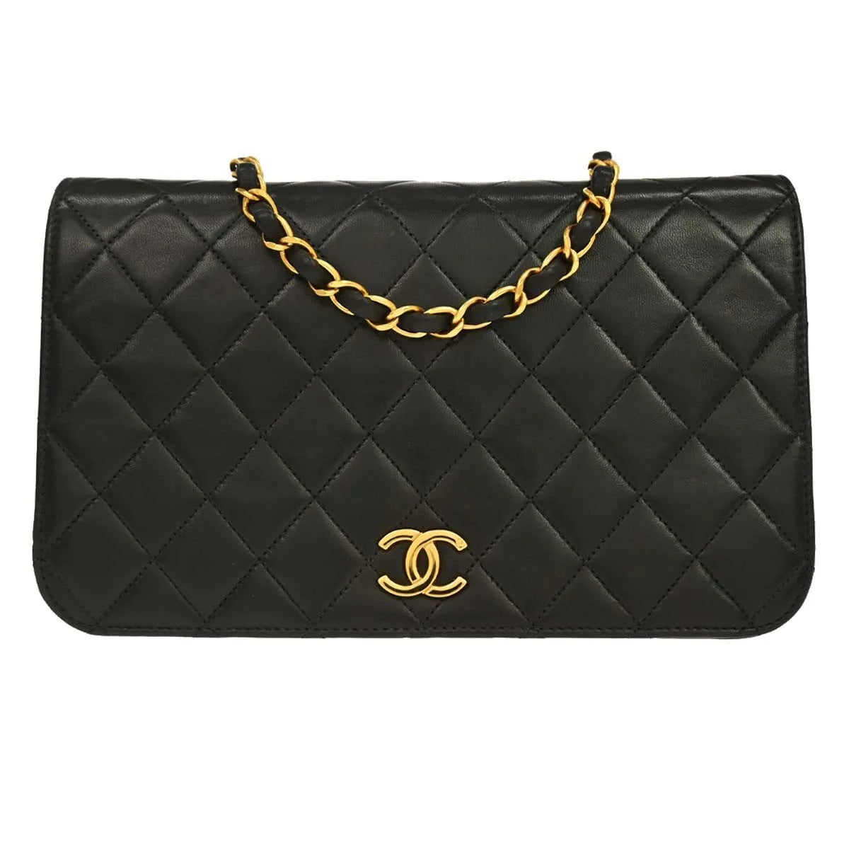 Chanel Vintage Full Flap Quilted Lambskin Black Leather Shoulder Bag Bag (Pre-Owned)